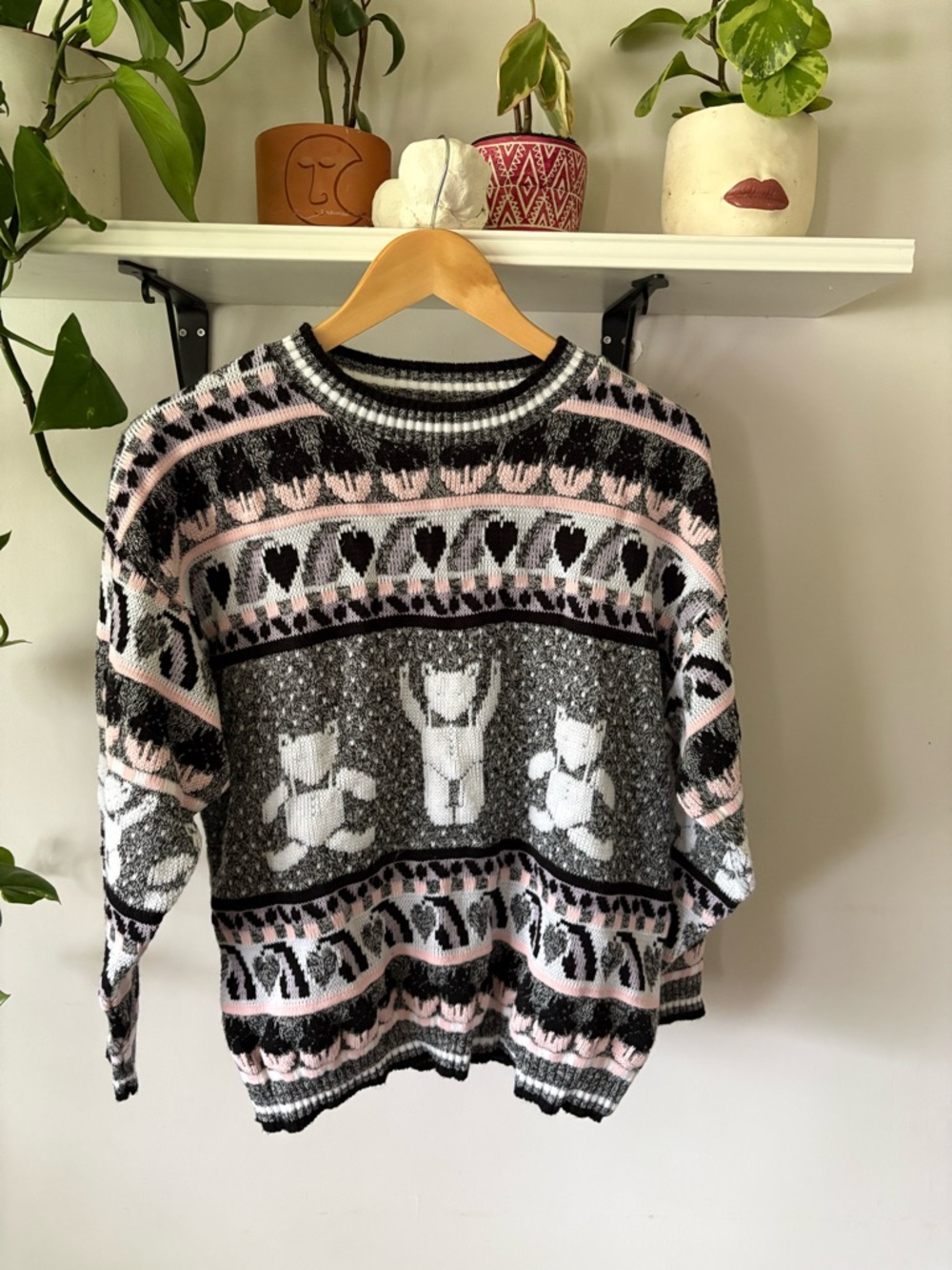 Grace Black, Gray & Pink Teddy Knit Crewneck Sweater